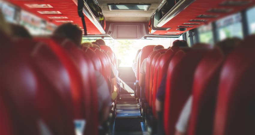 The interior of a charter bus