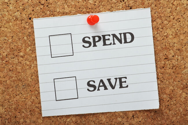 a checklist that reads "spend" or "save"