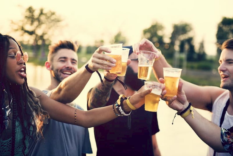 5 friends "cheers" their glasses of beer at the d.c. beerfest