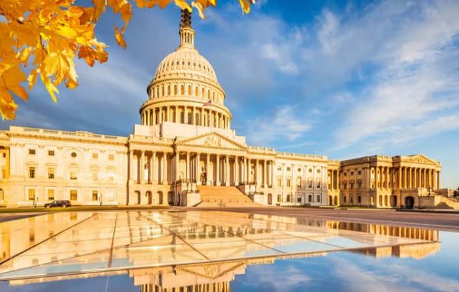 The U.S. Capitol surrounded by yellow autumn leaves