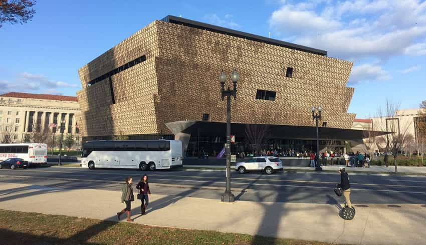 The outside of the National Museum of African American History and Culture in winter