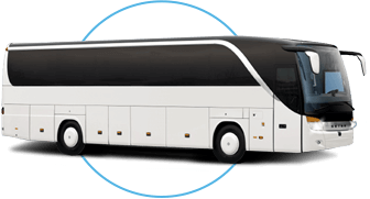a plain white charter bus with a blue circle graphic behind it